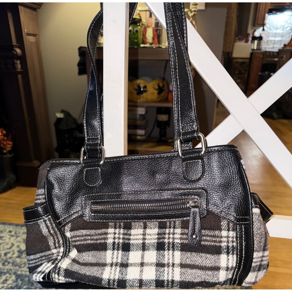 Black White Brown Plaid Shoulder Bag Pebble Faux Leather Multi Pocket Handbag